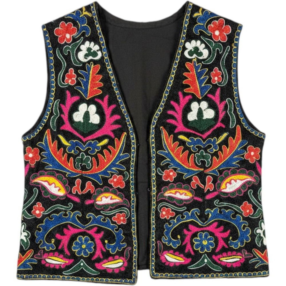 Unbranded Embroidered Vest Women S Black Floral Suzani Boho Vintage EUC